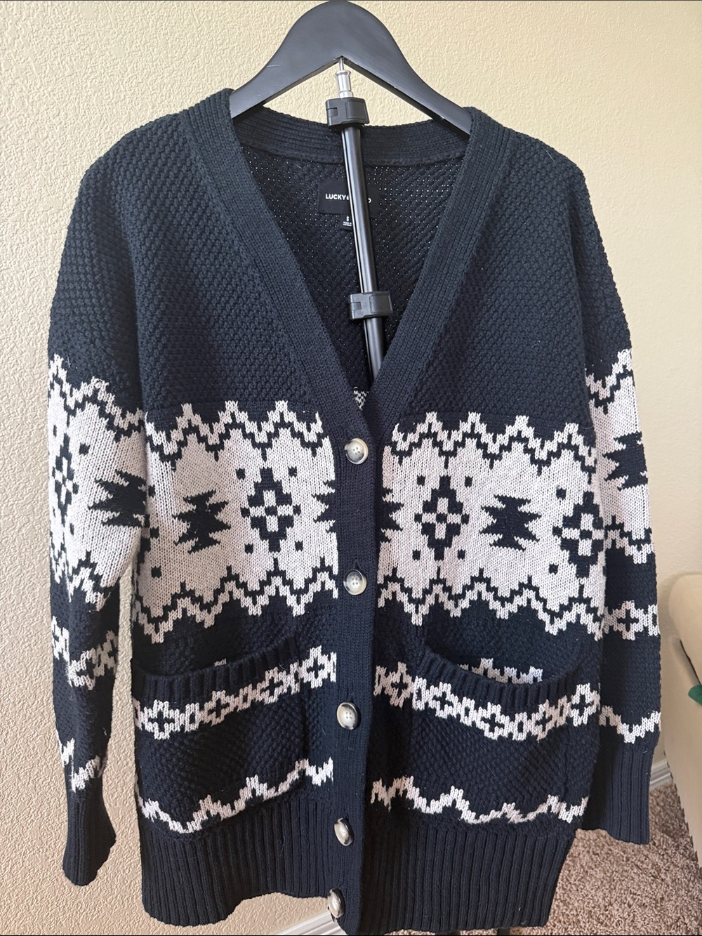 Lucky Brand Black & Cream Fair Isle Button Cardigan